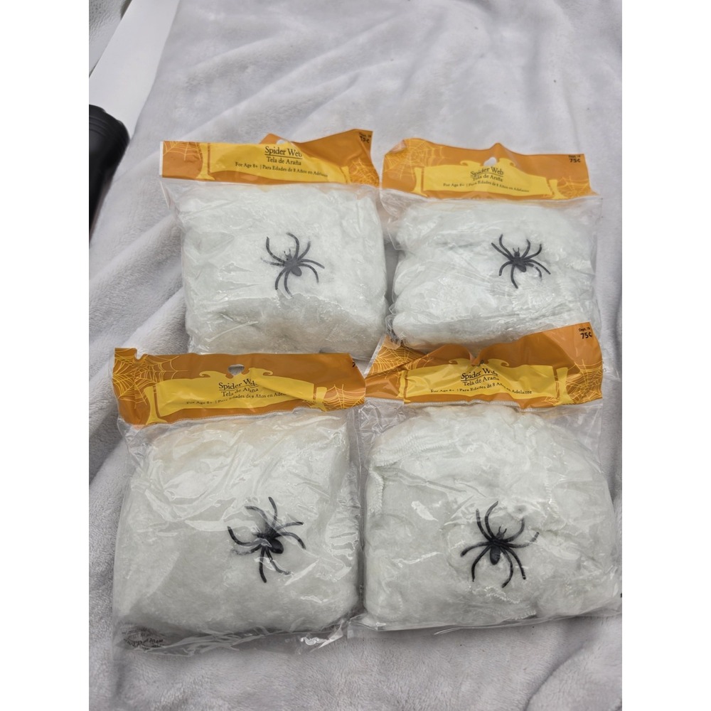 Vtg Nos Lot Of 4 Halloween Spider Webs with Plastic Spider Halloween Decor